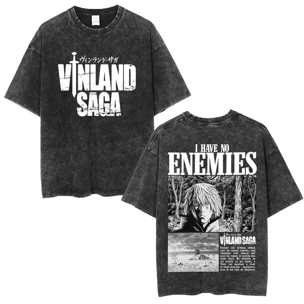 Black distressed cotton tee featuring white vinland saga naoki graphic and character art on front and back