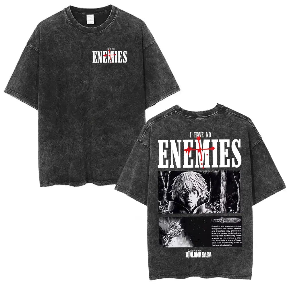 Black distressed cotton tee featuring vinland saga naoki graphic print and bold i have no enemies text front and back