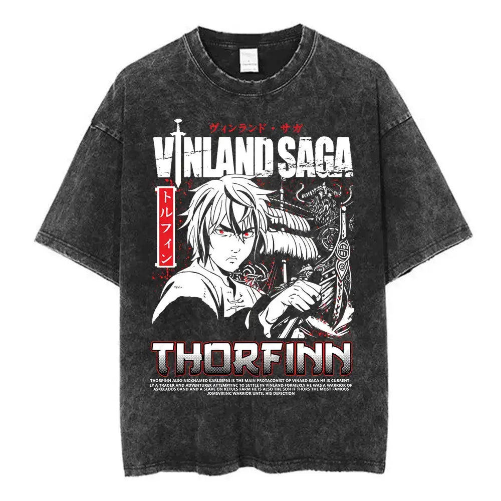 Black distressed cotton tee featuring bold white and red thorfinn graphic with vertical japanese text vinland saga naoki