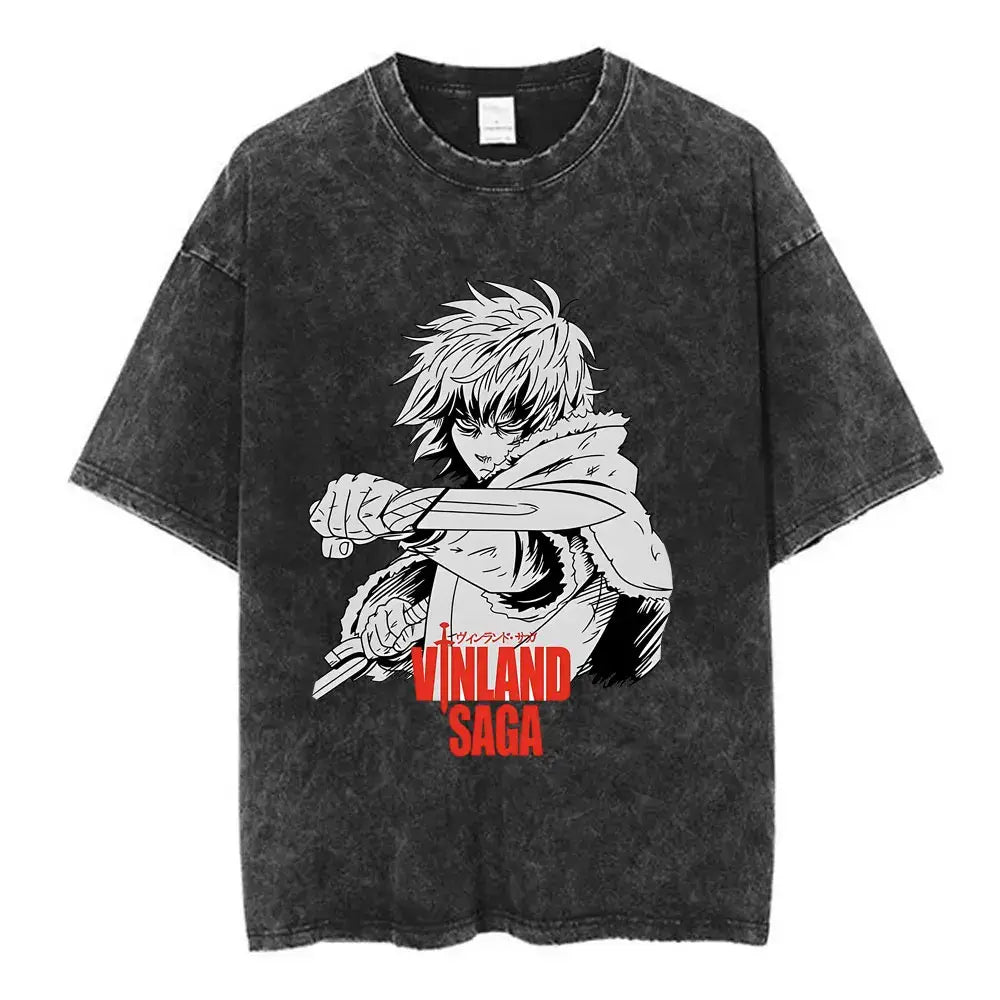 Black distressed cotton tee featuring white vinland saga naoki line-art with bold red saga naoki urasawa title below