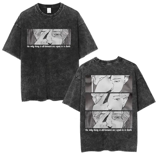 Black distressed cotton tee featuring vinland saga naoki graphic print with equal in death text cotton tee