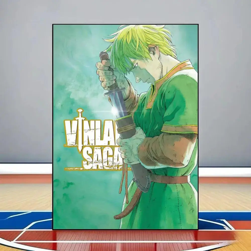Green vinland saga poster featuring blonde character with sword in stylized gold lettering on waterproof pvc wall art