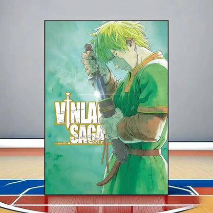 Green vinland saga poster featuring blonde character with sword in stylized gold lettering on waterproof pvc wall art