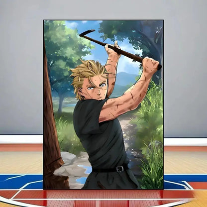 Anime-style vinland saga poster featuring a muscular blonde character in black wielding a crowbar on pvc wall art