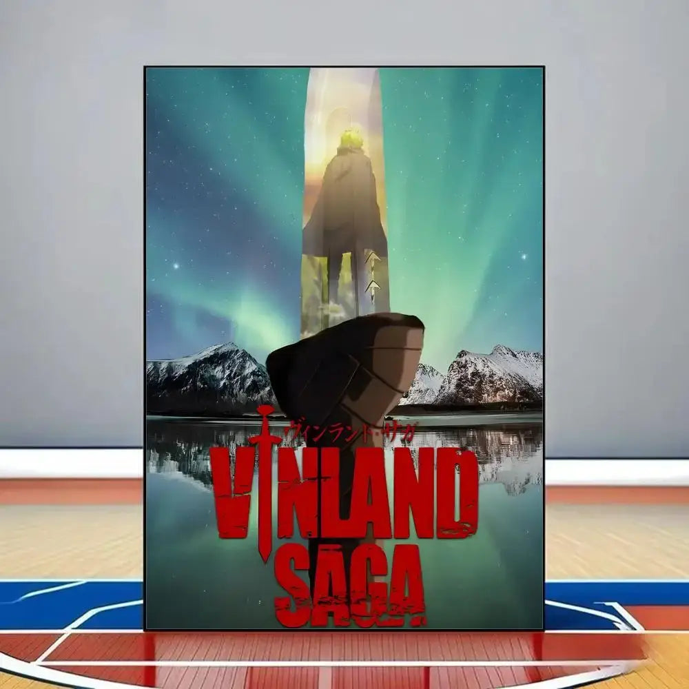 Framed vinland saga poster with bold red lettering featuring a silhouette and aurora-lit tower pvc wall art waterproof reusable