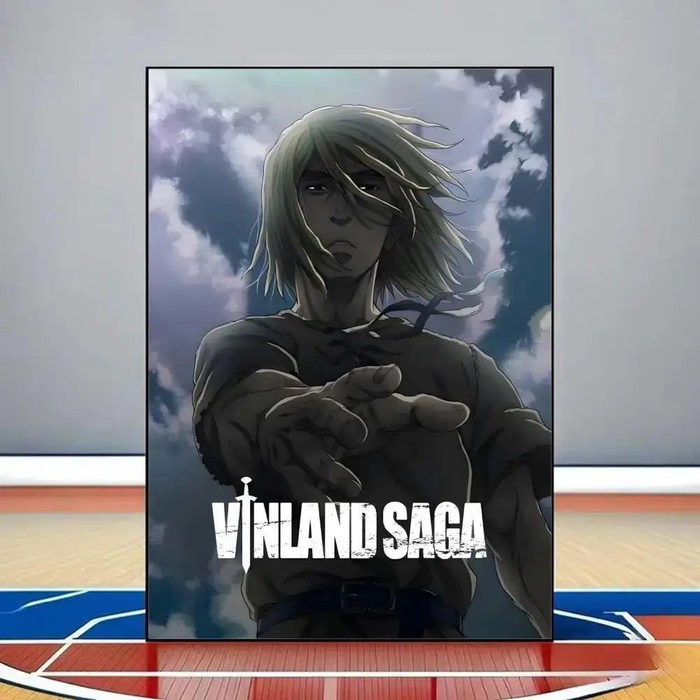 Vinland saga poster hd pvc wall art featuring a blonde character in dark clothing against a stormy sky backdrop