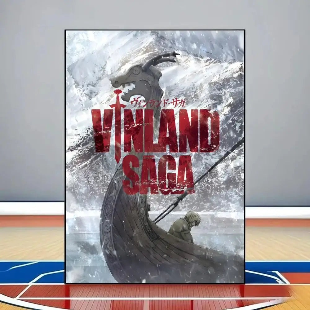 Vinland saga poster hd pvc wall art features a dark viking longship with a dragon head emerging from icy waves in bold red lettering
