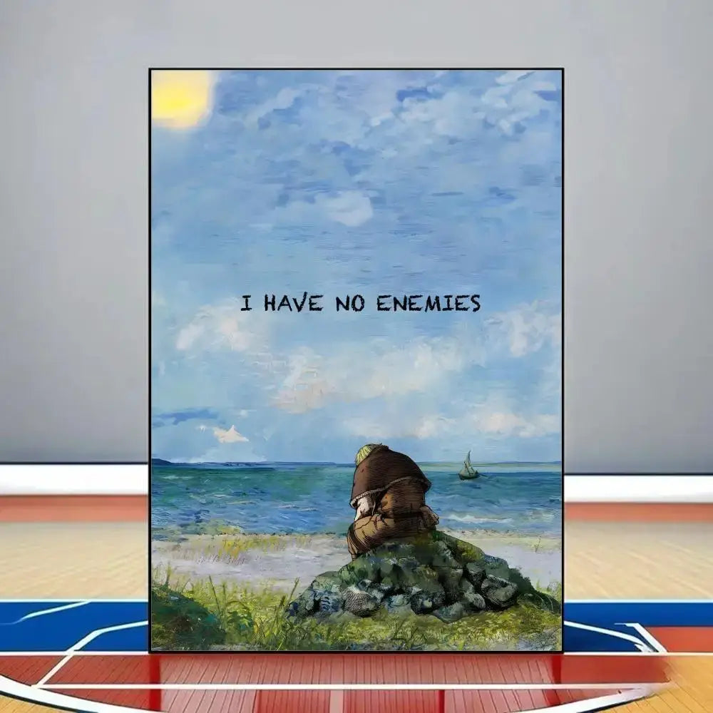 Framed vinland saga poster featuring coastal scene with figure in brown on rocks under blue sky on waterproof pvc wall art