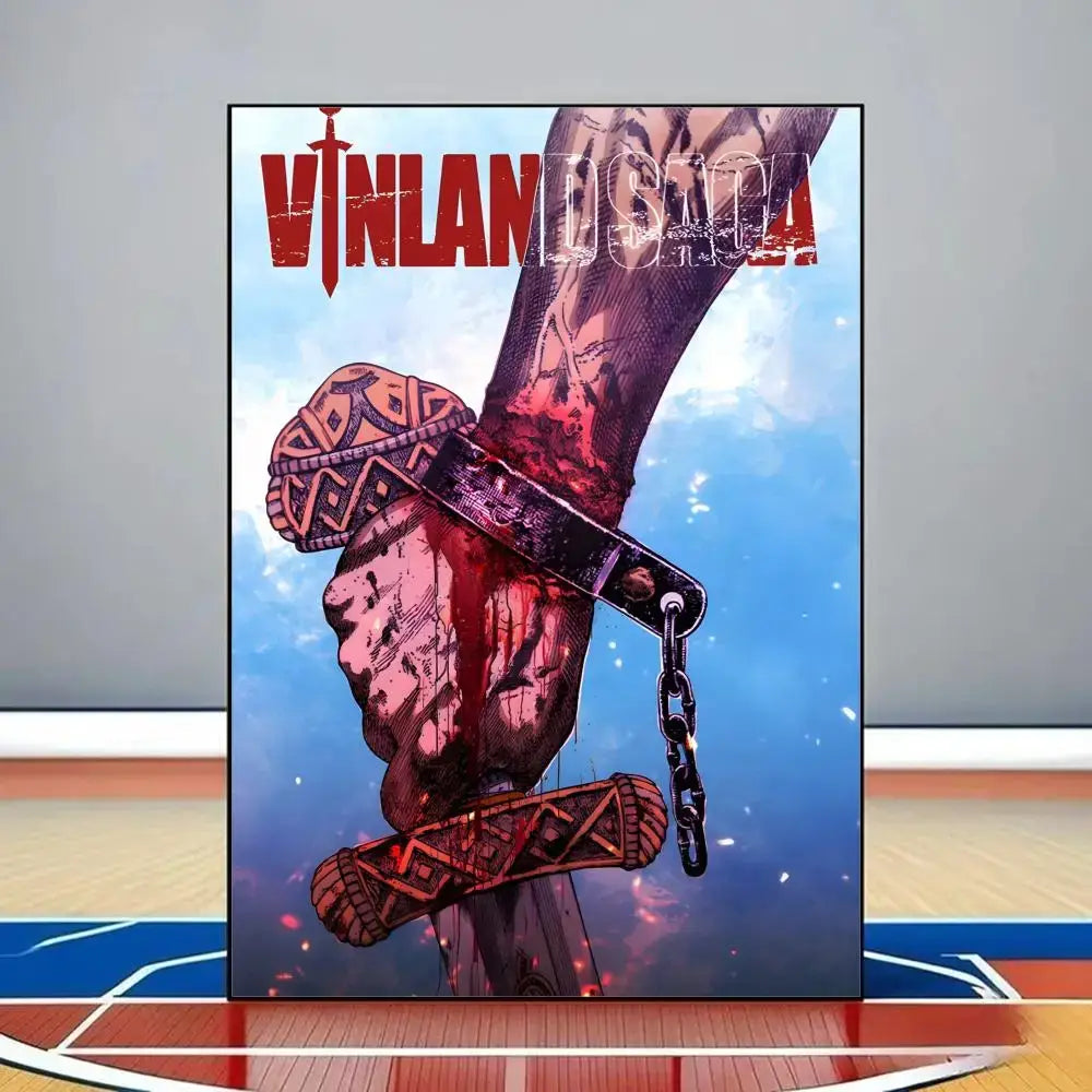 Vinland saga poster hd pvc wall art featuring a tattooed arm gripping a bloodied sword with red and black hilt design