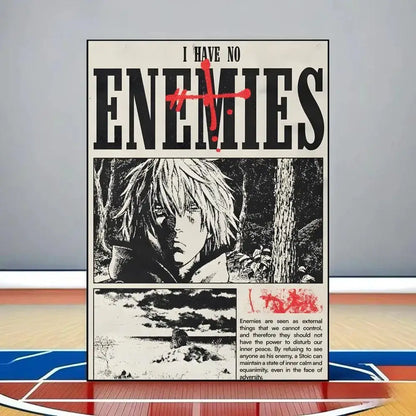 Black and white vinland saga poster with bold red crosses and manga forest scene on waterproof reusable pvc wall art
