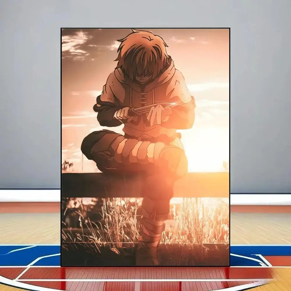 Anime-style vinland saga poster featuring a character in orange hoodie on bench against sunset on waterproof pvc wall art