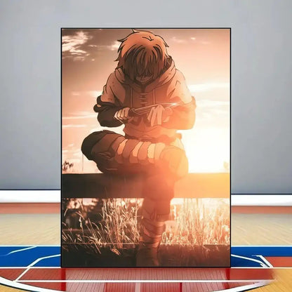 Anime-style vinland saga poster featuring a character in orange hoodie on bench against sunset on waterproof pvc wall art