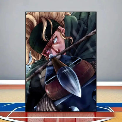 A vinland saga poster featuring a blonde character with green cloak holding an arrow made from hd waterproof pvc wall art