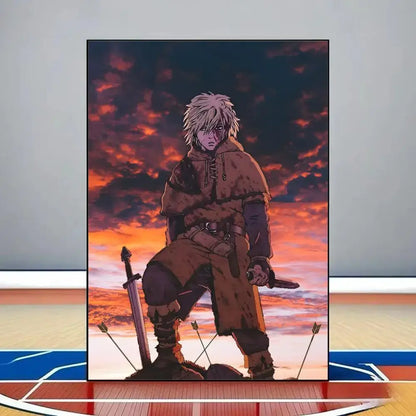 A framed vinland saga poster showing a white-haired warrior in brown fur-lined armor on pvc wall art against sunset