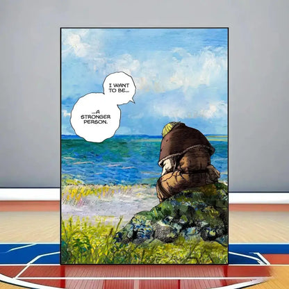 A vinland saga poster featuring a blonde character in brown armor on rocks by the sea printed on hd waterproof pvc wall art