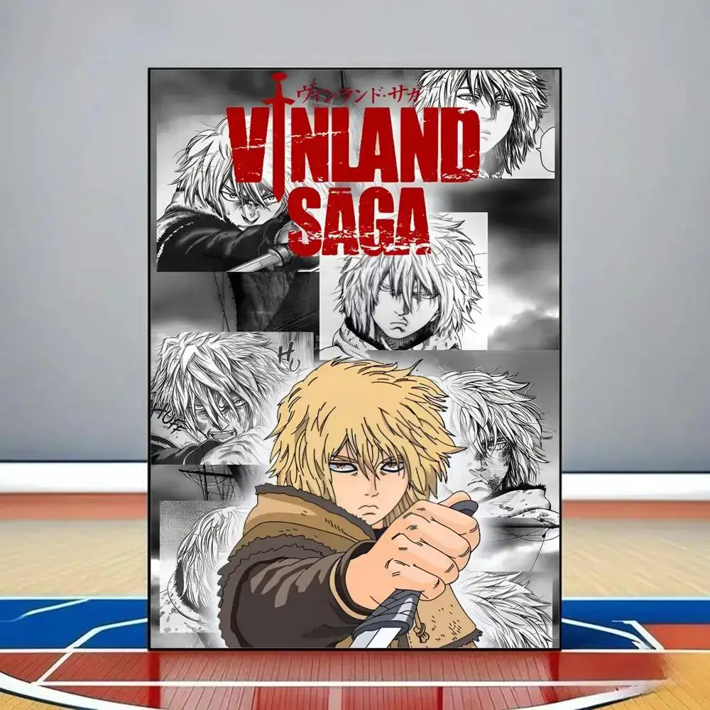 Vinland saga poster hd pvc wall art features black and white manga style with brown clothing and red lettering waterproof reusable