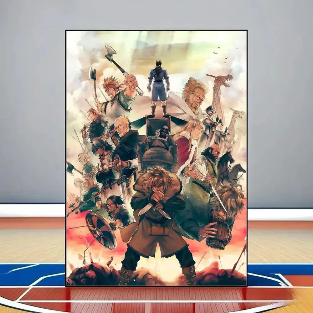 Vibrant vinland saga poster featuring warriors in medieval armor on fiery battlefield printed on waterproof pvc wall art