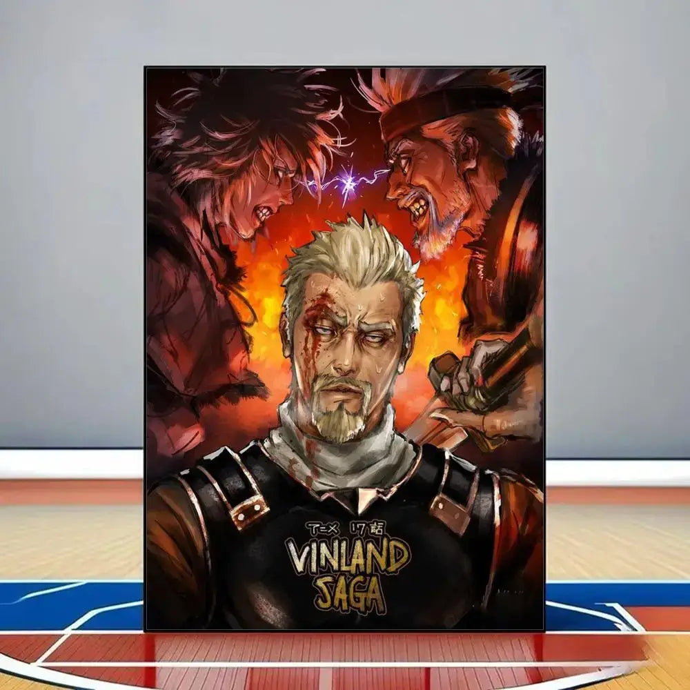 Vinland saga poster featuring central character in black armor with gold lettering on pvc wall art, waterproof and reusable