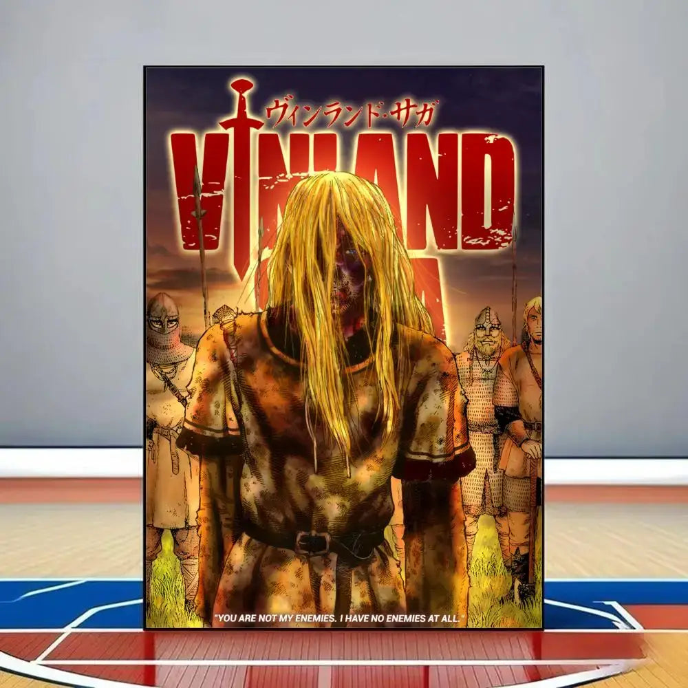 Vinland saga poster featuring a blonde warrior in battle-worn armor with dark sky backdrop on hd pvc wall art