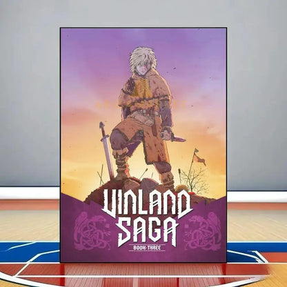 Vibrant purple and orange vinland saga poster featuring a warrior illustration on waterproof reusable pvc wall art