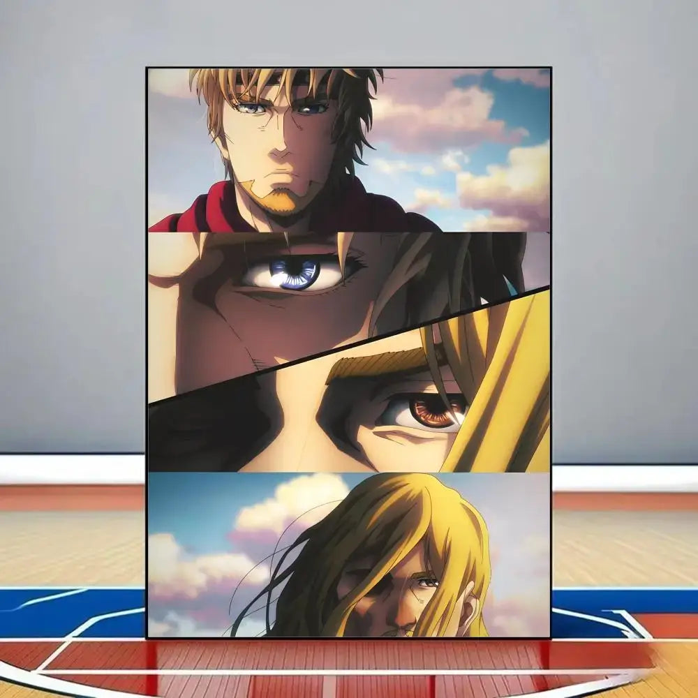 Vinland saga poster hd pvc wall art featuring four anime characters with colorful hair on a basketball court background