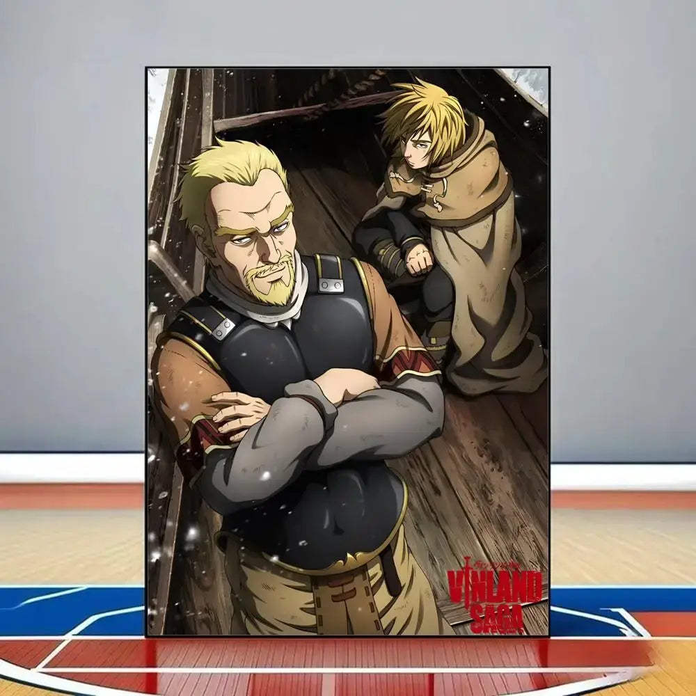 Anime-style vinland saga poster featuring two characters in dark vest and brown cloak printed on hd waterproof pvc wall art
