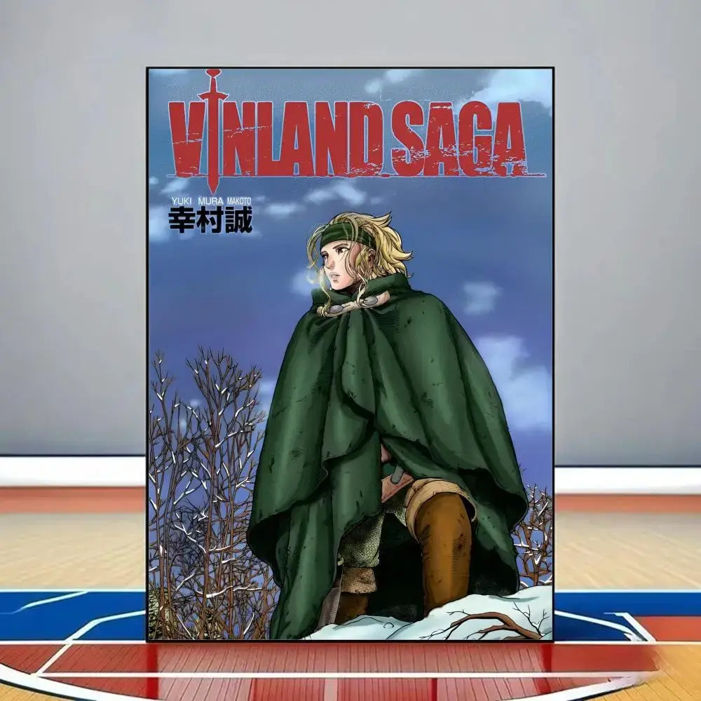 Vinland saga poster featuring a blonde character in a dark green cloak on a snowy landscape printed on waterproof pvc wall art