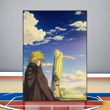 Anime-style vinland saga poster with spiky blonde character by golden pillar under blue sky printed on waterproof pvc wall art