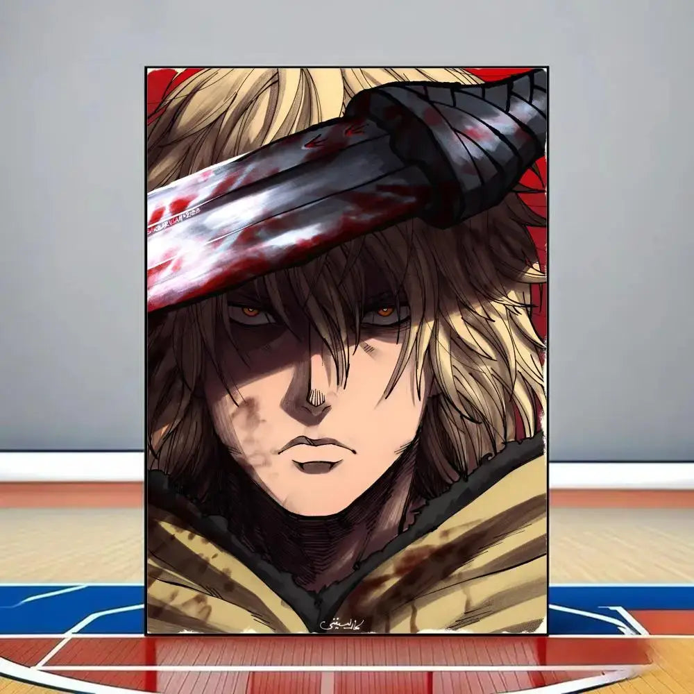 Anime-style vinland saga poster featuring a character with blonde hair and orange eyes holding a blood-stained black sword on pvc wall art