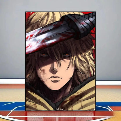 Anime-style vinland saga poster featuring a character with blonde hair and orange eyes holding a blood-stained black sword on pvc wall art