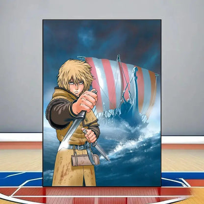 Vinland saga poster hd pvc wall art featuring blonde warrior in tan attire with sword and red white striped ship background
