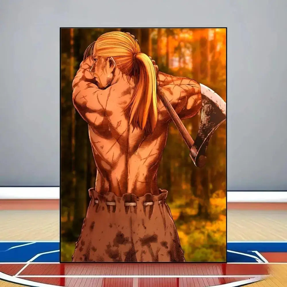 Anime-style vinland saga poster featuring muscular blonde character with axe on waterproof reusable pvc wall art