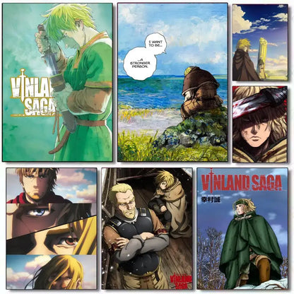 Vinland saga poster featuring manga collage in green brown blue tones printed on waterproof reusable pvc wall art