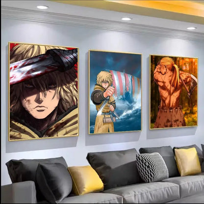 Three framed anime wall art pieces featuring attack on titan characters in vibrant colors vinland saga poster pvc wall