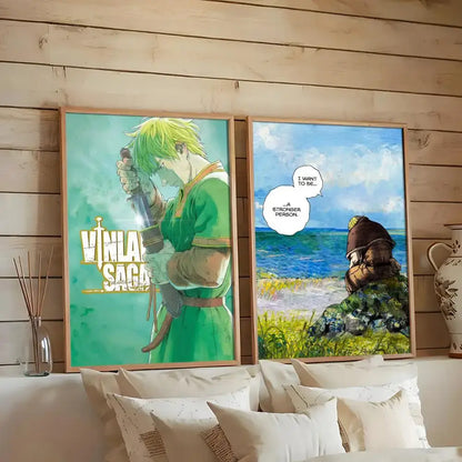 Two framed vinland saga posters featuring anime characters on waterproof reusable pvc wall art with wooden background