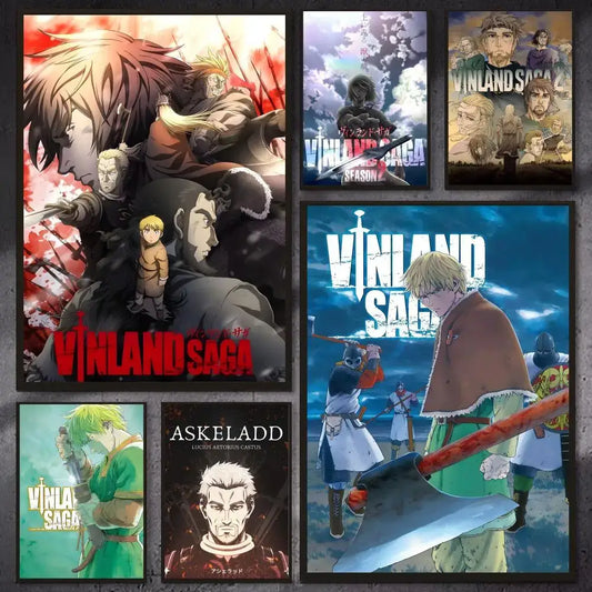 Vinland saga poster wall art featuring bold red and blue medieval combat scenes in hd waterproof self-adhesive prints