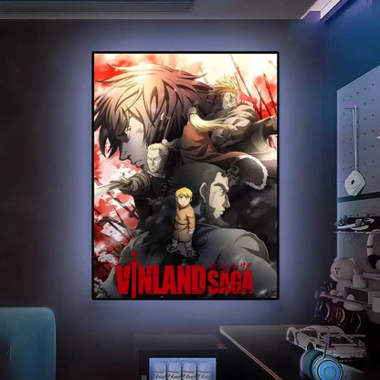 A framed vinland saga wall art poster with bold red lettering and dynamic character illustrations in hd waterproof material