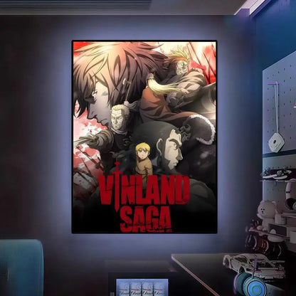 A framed vinland saga poster featuring bold red lettering and dynamic character art for vibrant wall art display