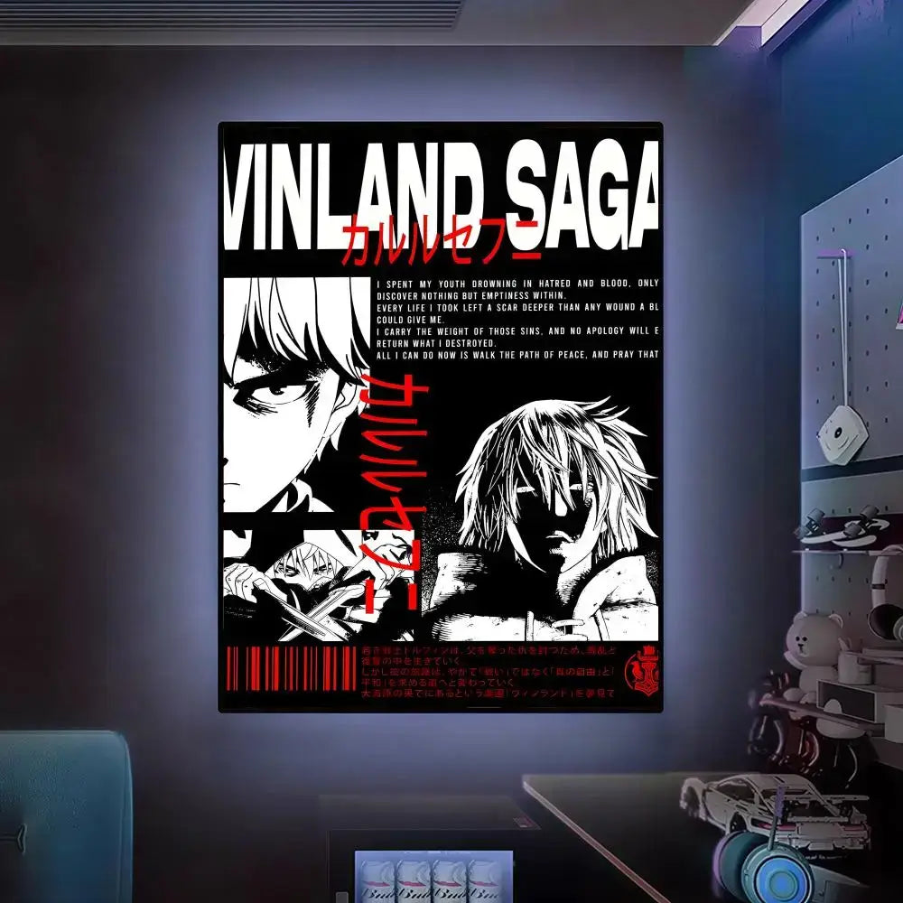 Black and white vinland saga wall art poster with bold red text accents hd waterproof self-adhesive design
