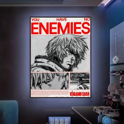 Vinland saga wall art featuring black-and-white anime illustration with bold red text on hd waterproof self-adhesive poster