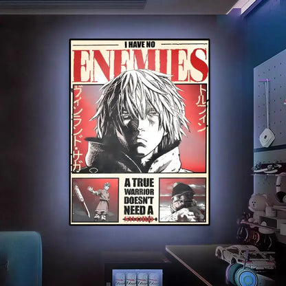 A vinland saga framed wall art poster featuring a black-and-white anime character with white hair on a red background