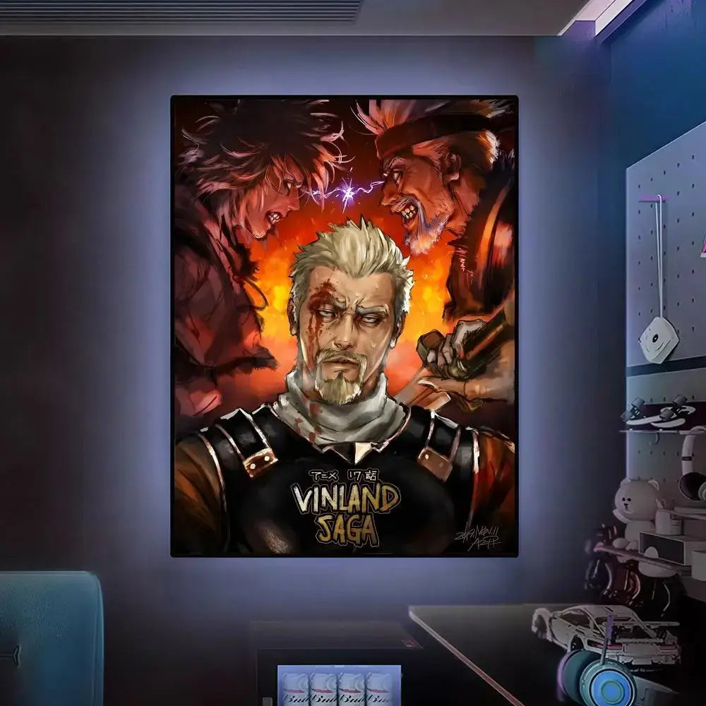 A framed vinland saga poster featuring white-haired armored character wall art with vibrant orange and red background