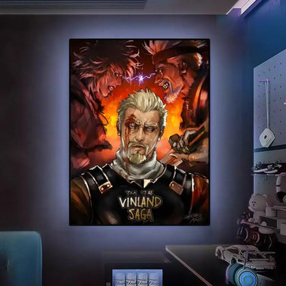 A framed vinland saga poster featuring white-haired armored character wall art with vibrant orange and red background