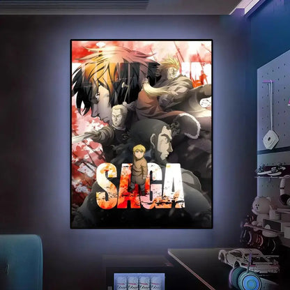Vibrant vinland saga wall art poster in bold red black and orange with distressed design waterproof and self-adhesive
