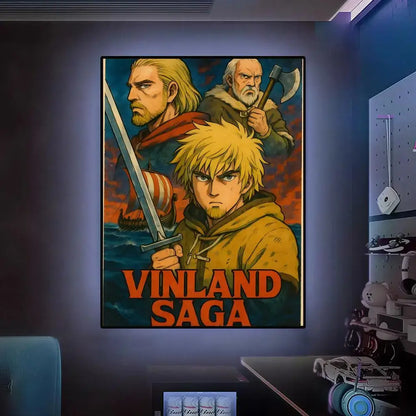 Vinland saga poster with three illustrated characters and bold orange lettering on dark waterproof self-adhesive wall art