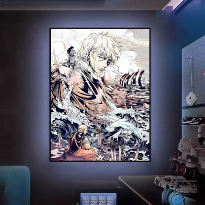 Framed vinland saga wall art poster featuring white-haired character with black and beige linework on seascape background