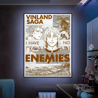 A framed vinland saga poster with sepia illustrations and bold orange text for hd waterproof wall art decor