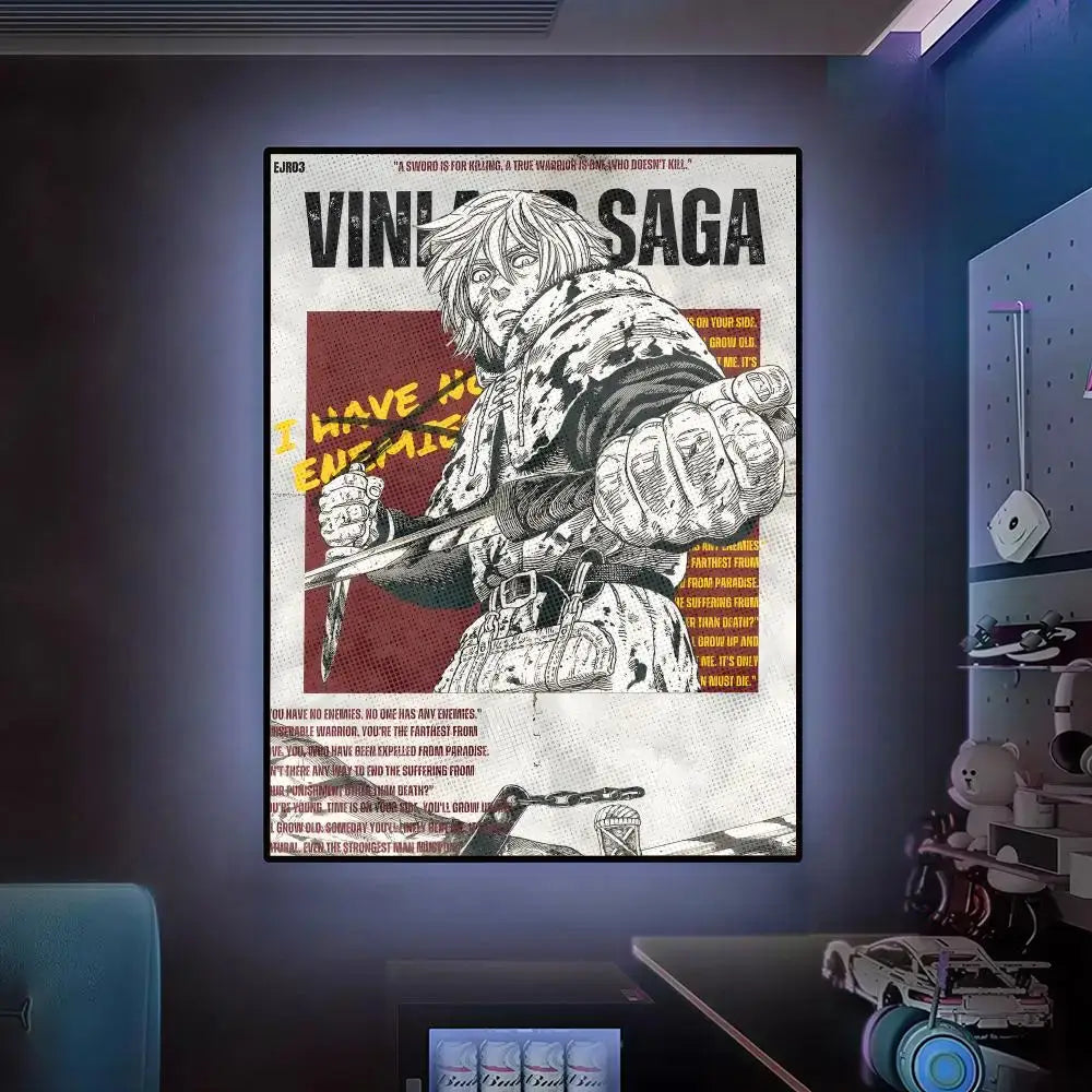 Black-and-white vinland saga poster with a muscular warrior holding a sword on a red background for wall art use
