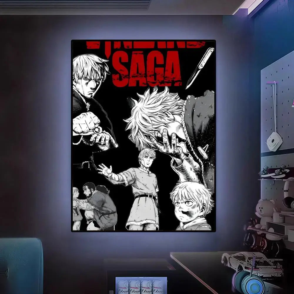 Vinland saga wall art featuring black and white illustrated canvas with bold red saga lettering self-adhesive waterproof poster