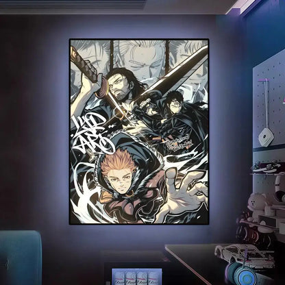 Black and white vinland saga anime-themed framed wall art poster with dynamic sword characters for decor